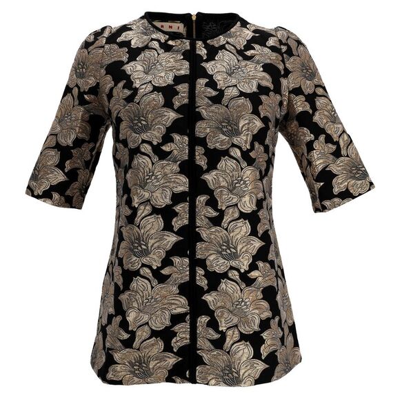 Marni Floral Lurex Jacquard Short Sleeve Blouse in Black Cotton